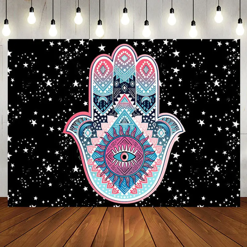 Night Sky Stars Hamasa Hand Pattern Birthday Backdrop - Aperturee