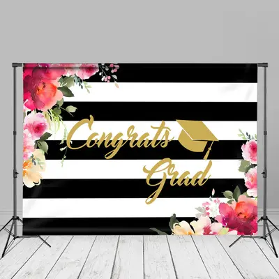 Black White Stripe Floral Congrats Grad Photo Backdrop - Aperturee