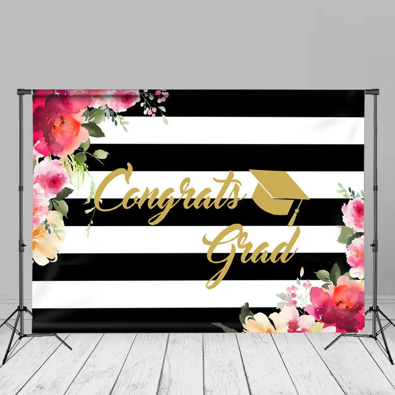 Black White Stripe Floral Congrats Grad Photo Backdrop - Aperturee