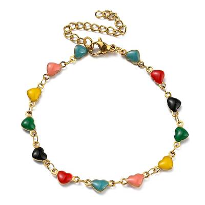 Ion Plating(IP) Golden 304 Stainless Steel Heart Link Chain Bracelet with Enamel
