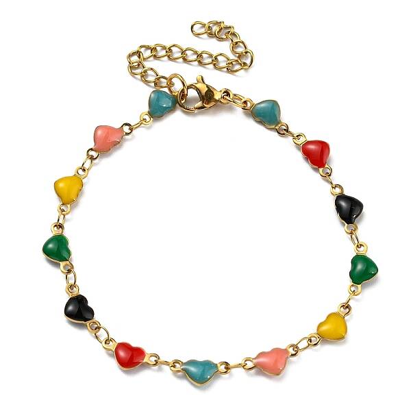 Ion Plating(IP) Golden 304 Stainless Steel Heart Link Chain Bracelet with Enamel