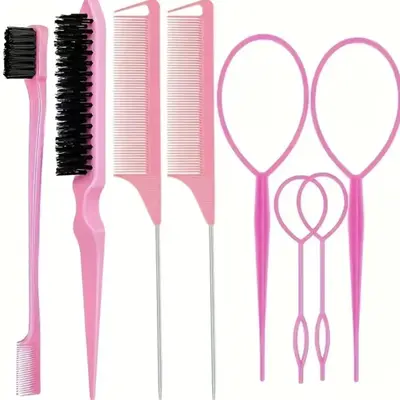 Professional Heatless Hair Styling Tools Set, Steel Needle Tip Tail Comb, Double Head Eyebrow Brush, Large & Small Hair Braid...