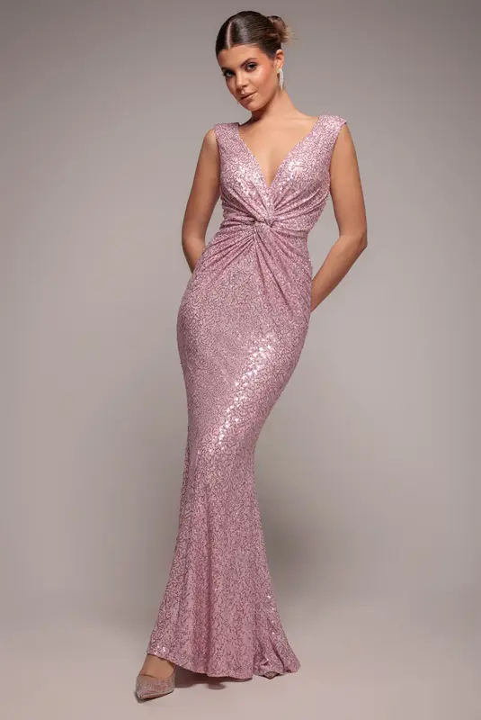 Goddiva Twisted Front Sequin Maxi Dress - Blush