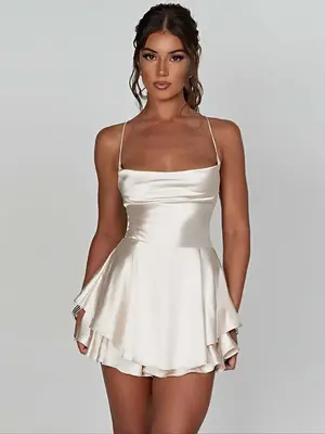 Women's Plain Lace Up Backless Tiered Layer Satin Cami Dress, Summer Clothes Women, Elegant Cowl Neck Sleeveless A Line Short...