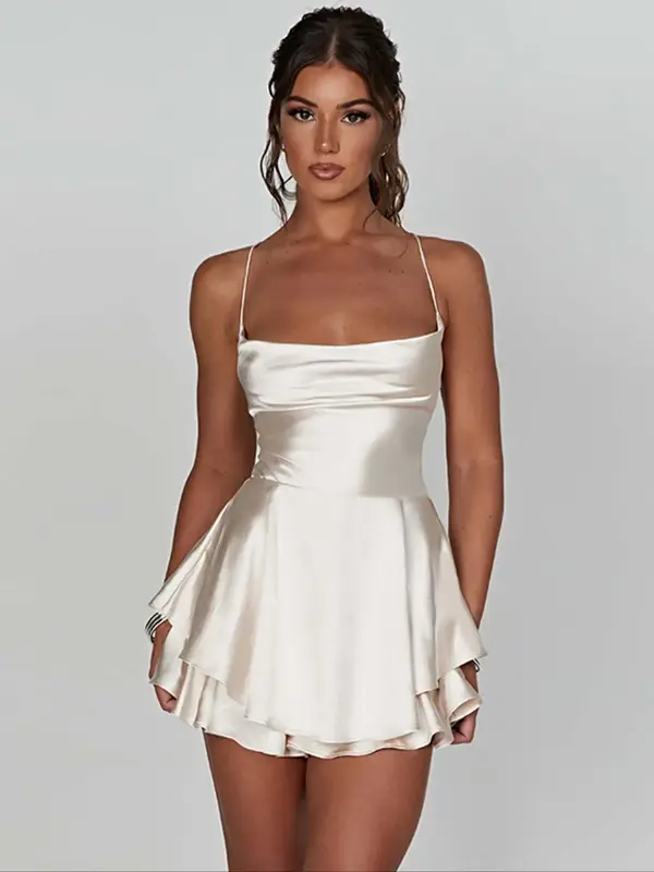 Women's Plain Lace Up Backless Tiered Layer Satin Cami Dress, Summer Clothes Women, Elegant Cowl Neck Sleeveless A Line Short...