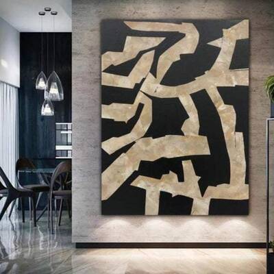 Large Abstract Paintings On Canvas Black Wall Art Beige Painting Minimalist Art Canvas Artwork | GOLDEN LABYRINTH