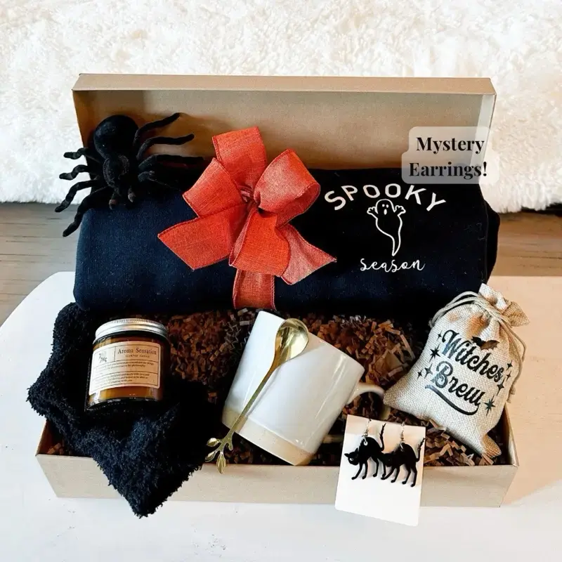 Halloween Gift Box - Spooky Season Sweatshirt, Black Cat Earrings, Witch's Brew Coffee, Cozy Mug & Pumpkin Picking Accessorie...