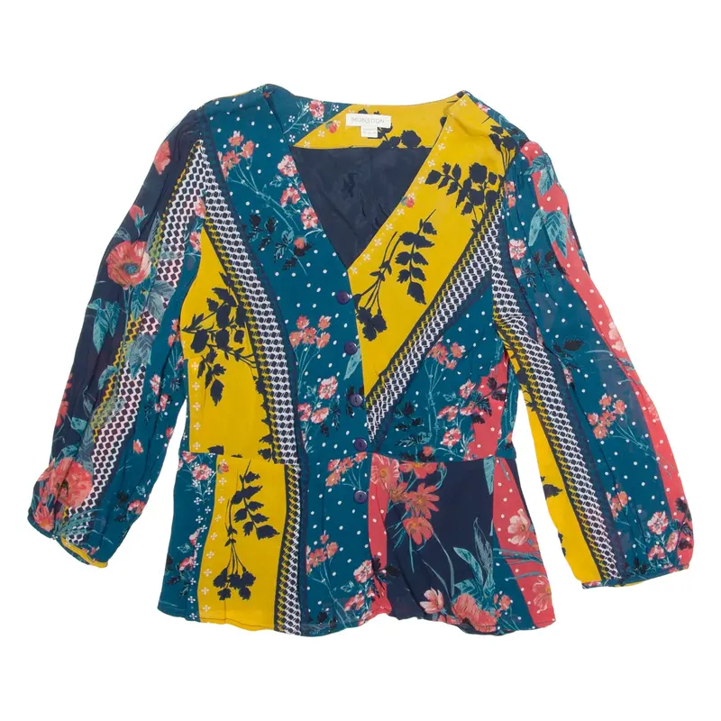 MONSOON Womens Printed Top Blue V-Neck Long Sleeve Crazy Pattern UK 14