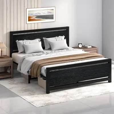 HOMBCK Bed Frame with Wood Headboard, with Strong Steel Slat Support, Heavy Duty Platform Bed, Under Bed Storage, No Box Spri...