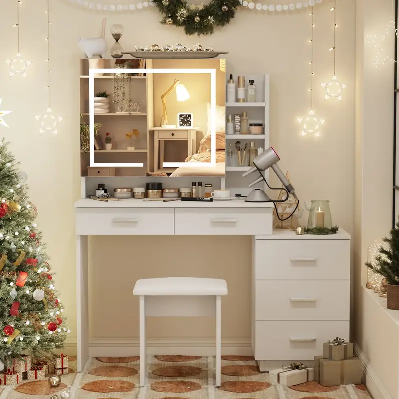 VOWNER Makeup Vanity Desk Set With Sliding Lighted Mirror And Outlets, 5 Drawers For Storage, Come With Stool, For Girls Wome...