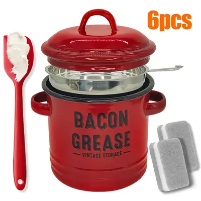 Bacon Grease Container with Strainer & Food-Grade Silicone Spatula, 46oz Large Enamel Rustic Farmhouse Fat Container, Keeper,...