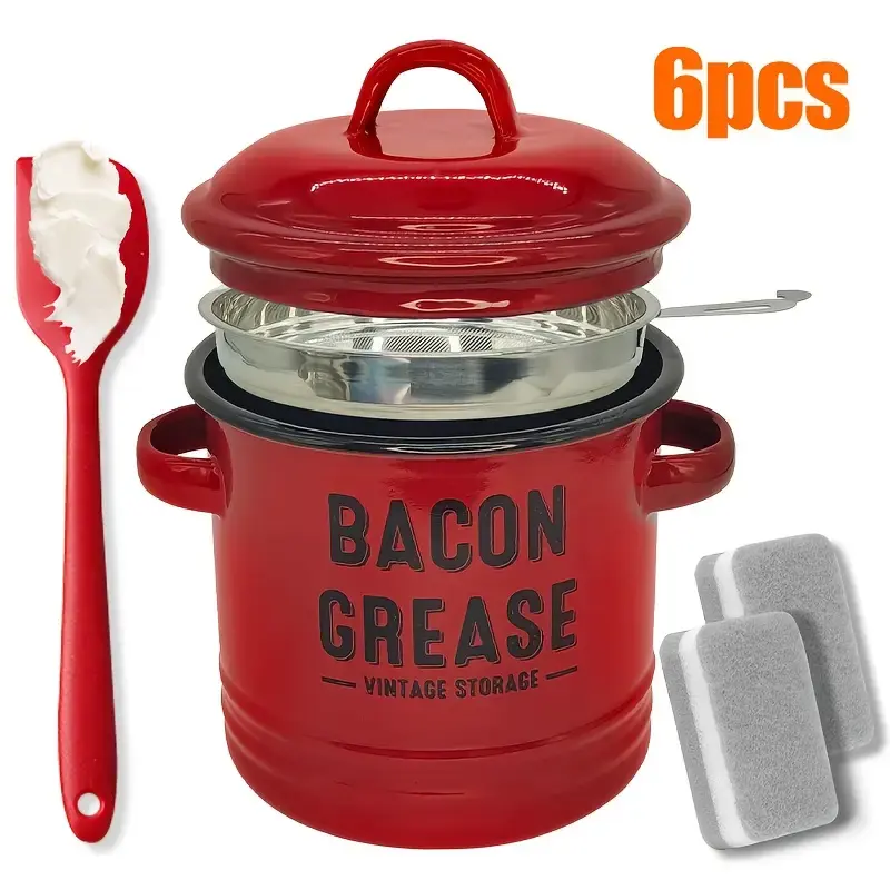Bacon Grease Container with Strainer & Food-Grade Silicone Spatula, 46oz Large Enamel Rustic Farmhouse Fat Container, Keeper,...