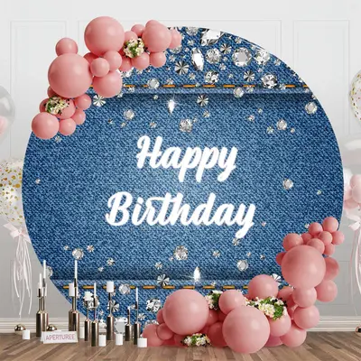 Blue Denim Diamonds Round Happy Birthday Backdrop - Aperturee
