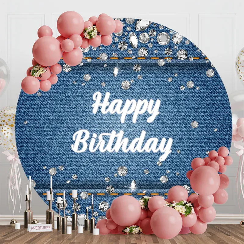 Blue Denim Diamonds Round Happy Birthday Backdrop - Aperturee