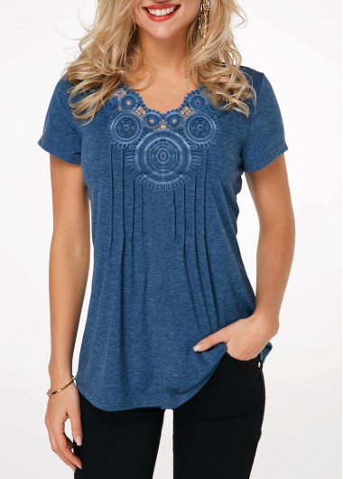 Modlily Short Sleeve Crinkle Chest Blue T Shirt - XXL