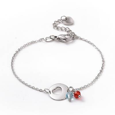 304 Stainless Steel Heart Link Bracelet with Glass Beads Charms for Women