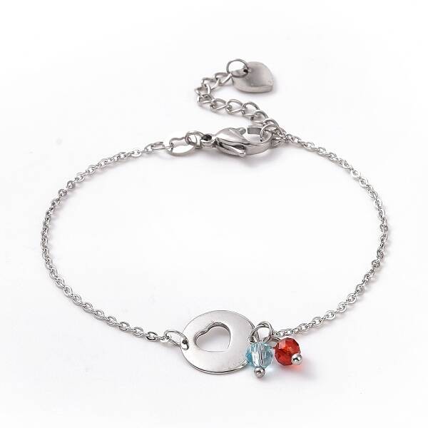 304 Stainless Steel Heart Link Bracelet with Glass Beads Charms for Women
