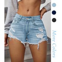 springtok Women's Ripped Raw Trim Denim Shorts Plain Zipper Fly Straight Leg Jean Shorts