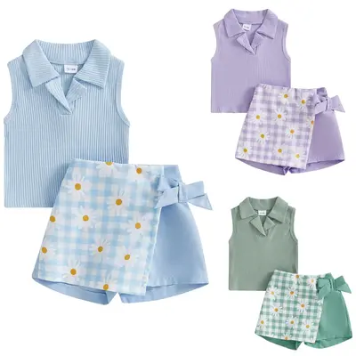 Toddler Baby Girls Summer Outfit Sleeveless Ribbed Knit Turn Down Collar Tank Tops Daisy Floral Plaid Skirt Shorts Set Party ...