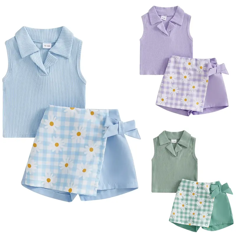 Toddler Baby Girls Summer Outfit Sleeveless Ribbed Knit Turn Down Collar Tank Tops Daisy Floral Plaid Skirt Shorts Set Party ...