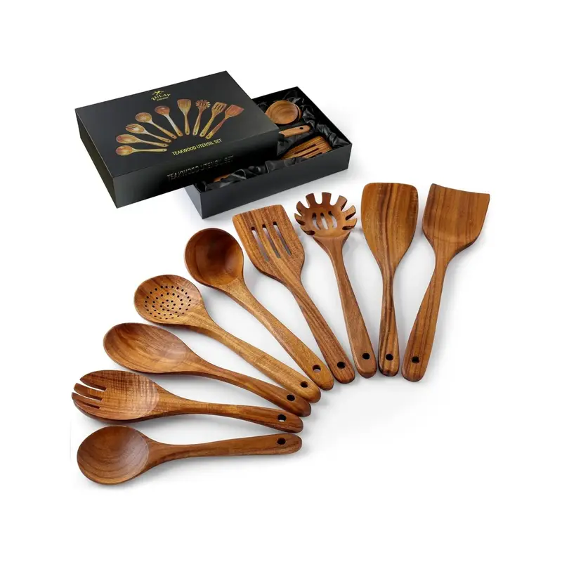 Teak Wood Kitchen Utensil Set - Durable Cooking Tools for Nonstick Cookware, High-Quality Teak Wood, Smooth Grip, and Easy to...