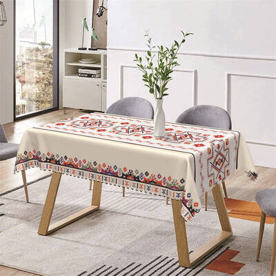 White And Red Pattern Ethnic Rectangle Tablecloth - Aperturee
