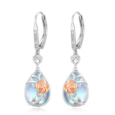 Sterling Silver Two-tone Moonstone Rose & Heart Lever-back Earrings for Women