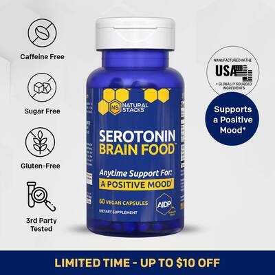 Serotonin Brain Food Supplement with L-Tryptophan, Zinc, Magnesium & More - 60 Capsules for Anytime Mood Support