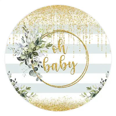 Aperturee Circle Glitter Oh Baby Green Leaves Baby Shower Backdrop | Round Party Backdrop | Round Baby Shower Backdrop | Roun...