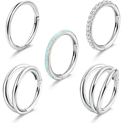 FLORIDECO 5Pcs 18G 16G Surgical Steel Nose Rings Hoops for Women Men Clicker Septum Hinged Segment Lip Nose Rings Helix Carti...