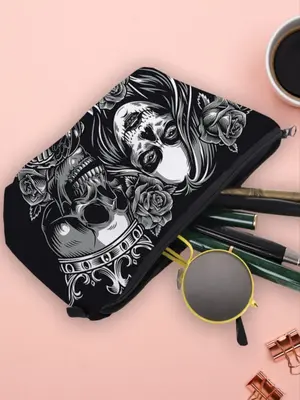 Fashionable Skull Pattern Makeup Bag, Durable Cosmetic Bag, Portable Cosmetic Storage Bag for Women & Girls, Casual Trendy Ve...
