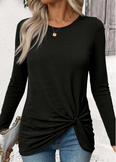 Modlily Black Twist Long Sleeve Round Neck T Shirt - L