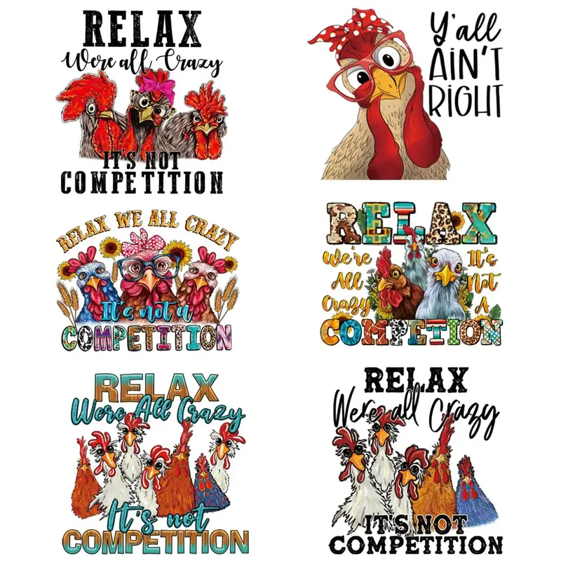 Rooster & Slogan Pattern Heat Transfer Sticker, 6pcs/set DIY Clothing Decoration Heat Transfer Sticker