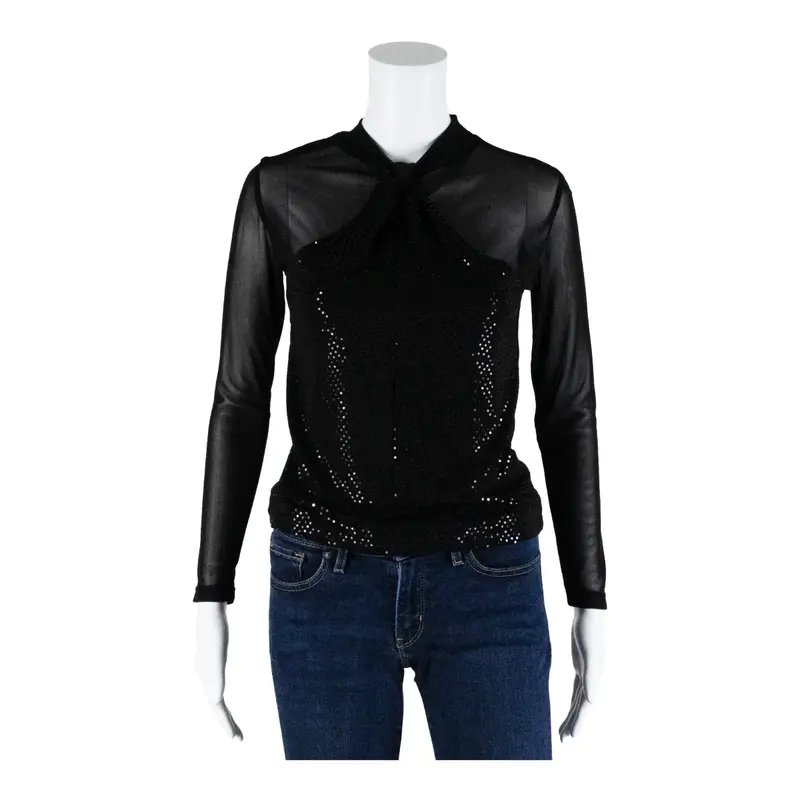 GREEMAY Mesh Sparkle Disco Top Black Long Sleeve Womens M