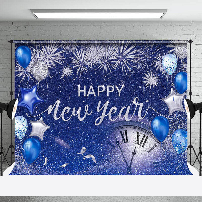 Blue Glitter Balloon Sparkle Happy New Year Backdrop - Aperturee