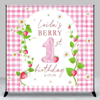 Pink Strawberry Plaid Custom 1st Birthday Backdrop - Aperturee