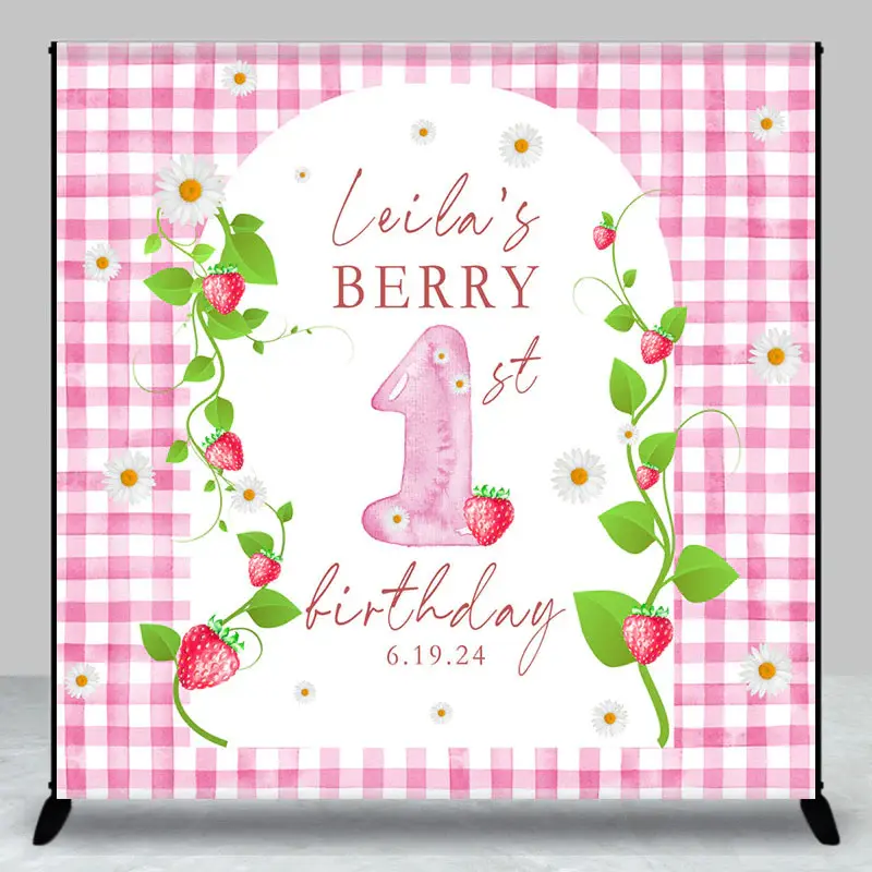 Pink Strawberry Plaid Custom 1st Birthday Backdrop - Aperturee