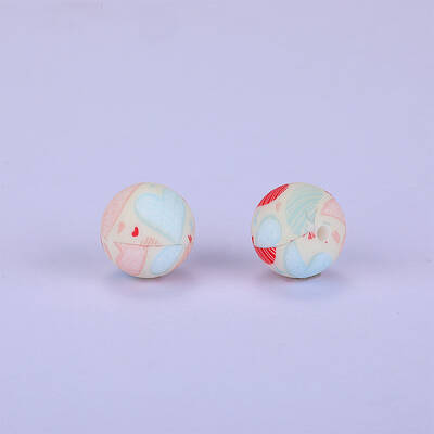 Printed Round with Heart Pattern Silicone Focal Beads