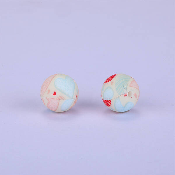 Printed Round with Heart Pattern Silicone Focal Beads