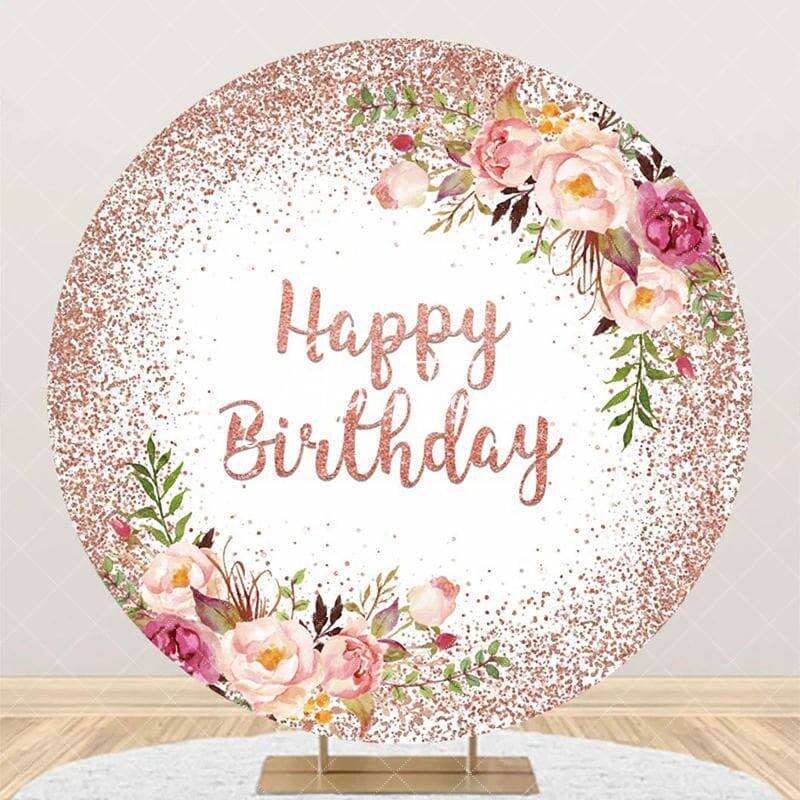 Round Glitter Floral Rose Gold Birthday Backdrop - Aperturee