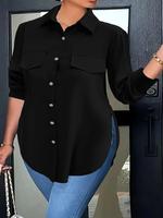 【Plus Size】 Minimalist Plain Button Front Longsleeves Blouse, Lady Basic Casual Long Sleeve Solid Button Front Collared...