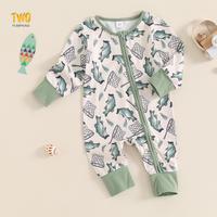 Newborn Baby Boy Girl Fishing Outfit Long Sleeve Zipper Fish Print Romper Jumpsuit Infant Coming Home Clothes