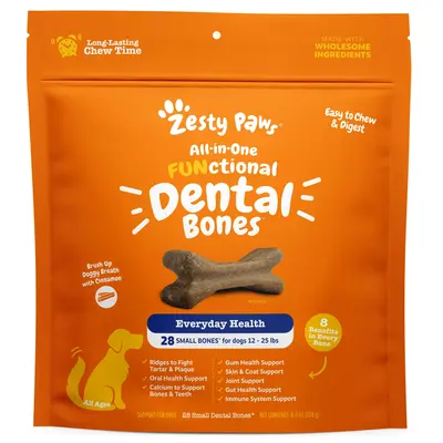 Zesty Paws All-in-One Functional Dental Bone Chews for Small Sized Dogs, Small Easy Chew Dog Treats, Joint & Immune Health Su...