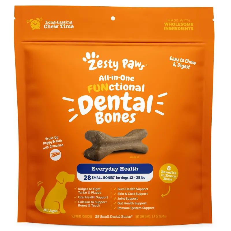 Zesty Paws All-in-One Functional Dental Bone Chews for Small Sized Dogs, Small Easy Chew Dog Treats, Joint & Immune Health Su...