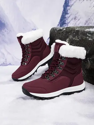 Women's Solid Color Design Thermal Lined Anti-slip and Windproof Hiking Shoes, Casual Sporty Warm Snow Boots for Fall & Winte...