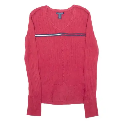 TOMMY HILFIGER Womens Jumper Red V-Neck Cable Knit XS