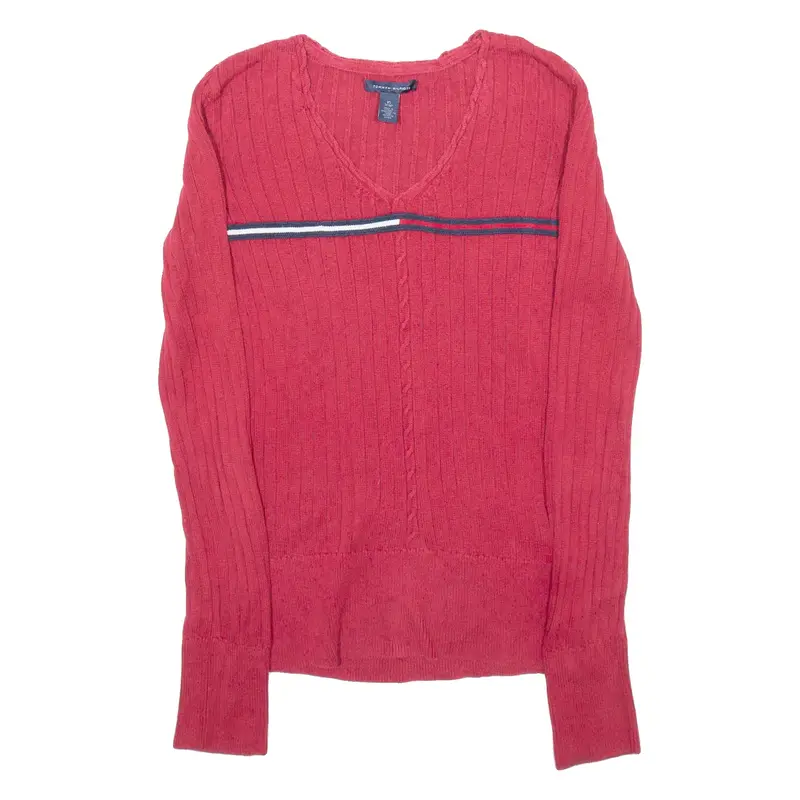 TOMMY HILFIGER Womens Jumper Red V-Neck Cable Knit XS