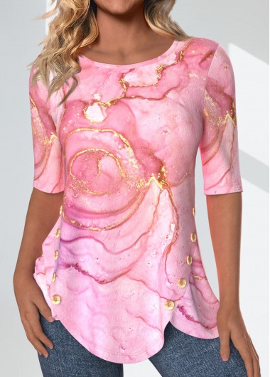 Modlily Pink Split Marble Print Half Sleeve T Shirt - XL