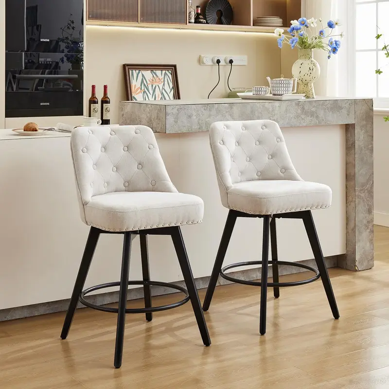 Garvee Counter Height Bar Stools Set of 2, Modern Swivel Bar Stools with Back and Wood Legs, 26 H Seat Height Upholstered Ba...