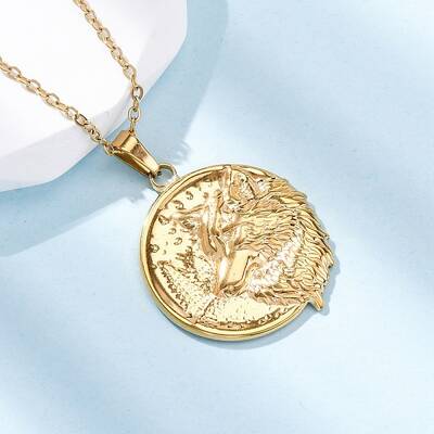 Flat Round with Wolf 304 Stainless Steel Pendant Necklaces